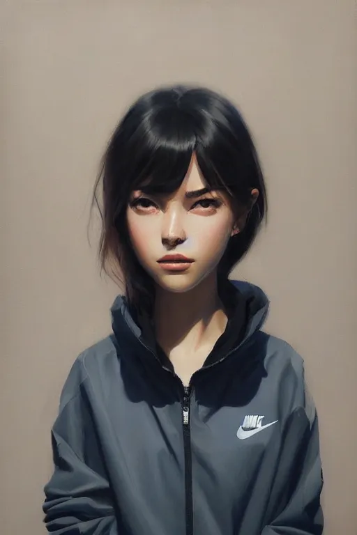 Image similar to A ultradetailed beautiful portrait panting of a stylish girl wearing an oversized Nike jacket, Oil painting, by Ilya Kuvshinov, Greg Rutkowski and Makoto Shinkai