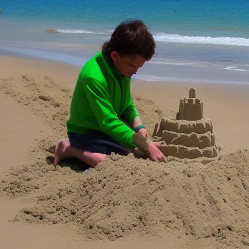 Prompt: Yoda building a sand castle on the beach