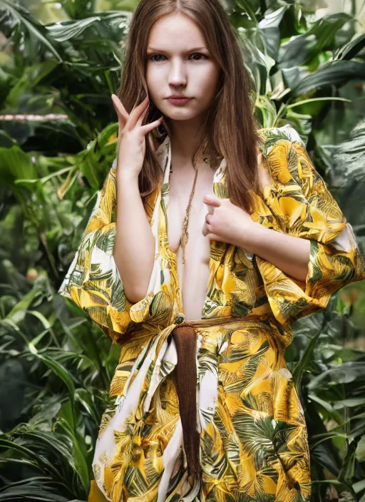 Image similar to amazing portrait photograph of beautiful young female model, symmetric face, symmetric eyes, slight smile, natural light,wearing a yellow kimono with a very detailed barn owl on her shoulder!!! in a tropical greenhouse. looking at the camera!!. super resolution. Extremely detailed. art by Rineke Dijkstra.