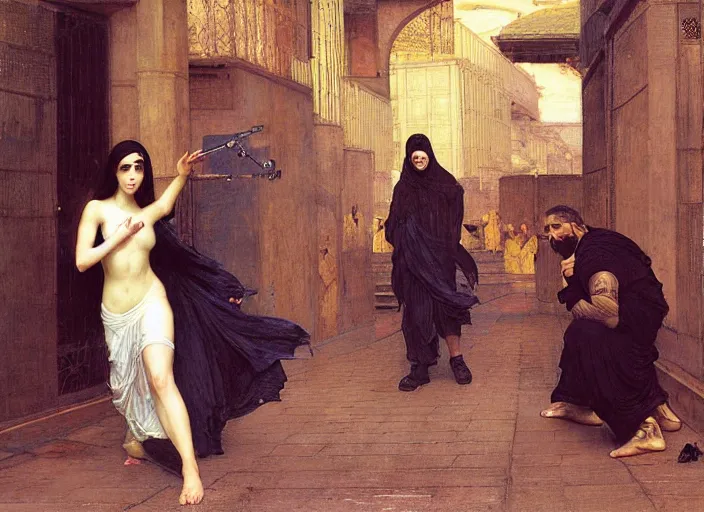 Image similar to Maria evades guards. Cyberpunk hacker escaping Menacing Cyberpunk corporate security. (dystopian, police state, Cyberpunk 2077, bladerunner 2049). Iranian orientalist portrait by john william waterhouse and Edwin Longsden Long and Theodore Ralli and Nasreddine Dinet, oil on canvas. Cinematic, vivid colors, hyper realism, realistic proportions, dramatic lighting, high detail 4k