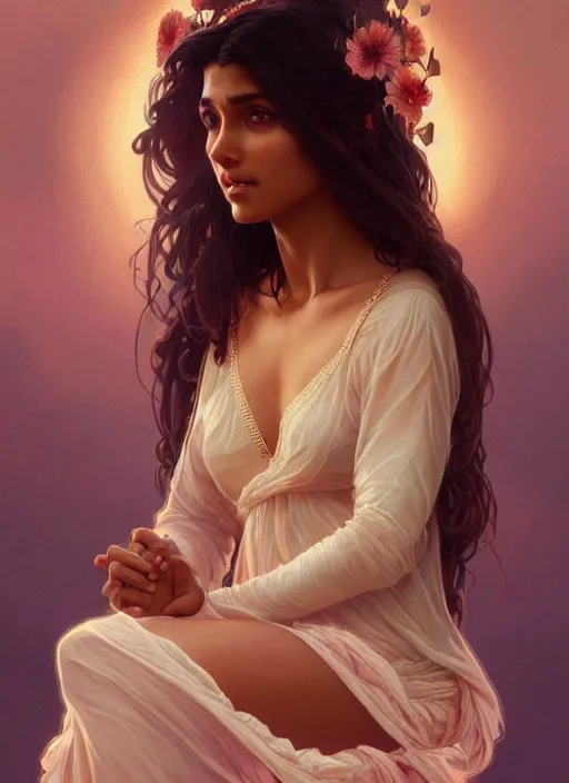 Image similar to cute brown woman wearing a transparent night gown, fantasy, intricate, highly detailed, digital painting, artstation, concept art, wallpaper, smooth, sharp focus, illustration, art by artgerm and greg rutkowski and alphonse mucha