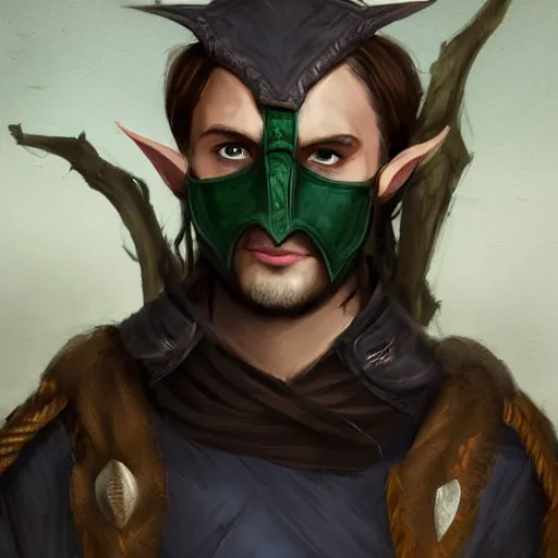 Prompt: Male Wood Elf Rogue, dnd, d&d, dark blue leather armor, black bandana mask, Chest Guard, Brown Hair, green eyes, high fantasy, matte painting, by wlop, HD, Trending on Artstation. Head and Shoulder Portrait.