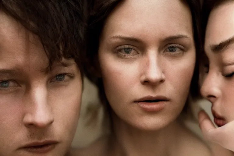 Image similar to movie closeup polar opposites, couple, beautiful skin, Symmetrical faces. Beautiful lighting by Emmanuel Lubezki