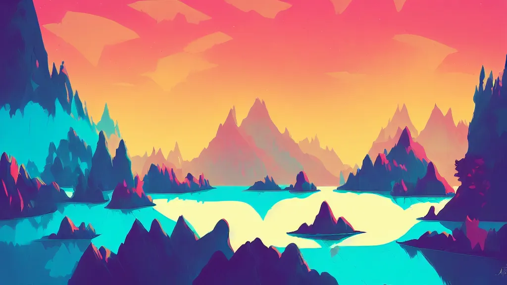 Image similar to mountains, trees, and lake, by anton fadeev