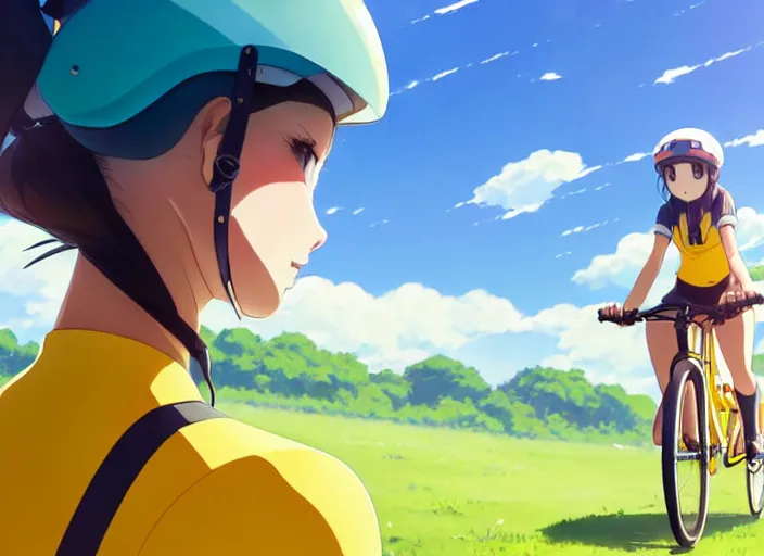 Prompt: portrait of cute girl riding road bike, sunny sky background, lush landscape, illustration concept art anime key visual trending pixiv fanbox by wlop and greg rutkowski and makoto shinkai and studio ghibli and kyoto animation, symmetrical facial features, sports clothing, yellow helmet, nike cycling suit, backlit, aerodynamic frame, realistic anatomy