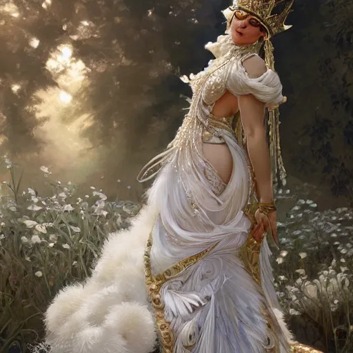 Image similar to a queen with a decorated dress made of white pearls and white plumes of swan, highly detailed, digital painting, Trending on artstation , HD quality, by artgerm and greg rutkowski and alphonse mucha, dramatic light, octane