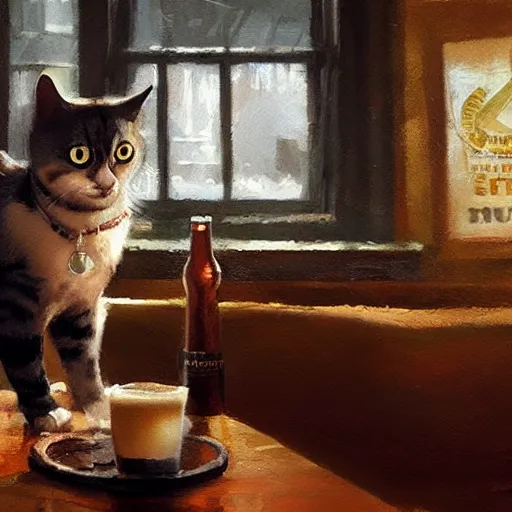 Image similar to a cat in a pub with beer, painting by craig mullins, octane rendering, soft morning lighting, wide angle lens, in the style of hayao miyazaki, trending on artstation,