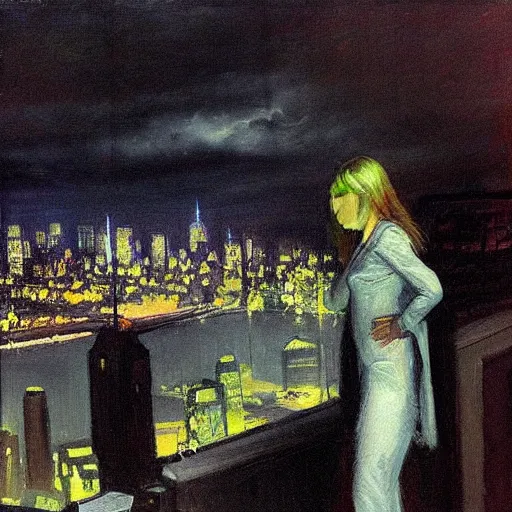 Prompt: “ a girl looking down at a futuristic new york city below, ghostpunk, fog, storm clouds, rain, detailed face, oil painting, by george bellows ”