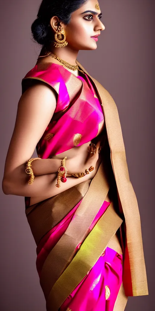 Image similar to beautifull indian model, wearing louis vuitton saree, luxury materials, symmetrical, cinematic, elegant, professional studio light, real dlsr photography, sharp focus, 4 k, ultra hd, sense of awe, high fashion