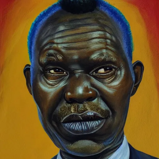 Prompt: a painting of a loving, caring fatherly wide forehead, round face, XXL , generous, ever-present, humble, wise elder from Kenya in a suit by Wangechi Mutu . Fatherly/daddy, focused, loving, leader, relaxed. Blue background, heavenly lights, details, smooth, sharp focus, illustration, realistic, cinematic, artstation, award winning, rgb , unreal engine, octane render, cinematic light, macro, depth of field, blur, red light and clouds from the back, highly detailed epic cinematic concept art CG render made in Maya, Blender and Photoshop, octane render, excellent composition, dynamic dramatic cinematic lighting, aesthetic, very inspirational, arthouse.