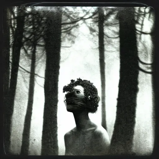 Image similar to an ancient evil-girl on a mysterious fractal forest devouring the human souls, mist, 1910 polaroid photography, grainy film, Black and white