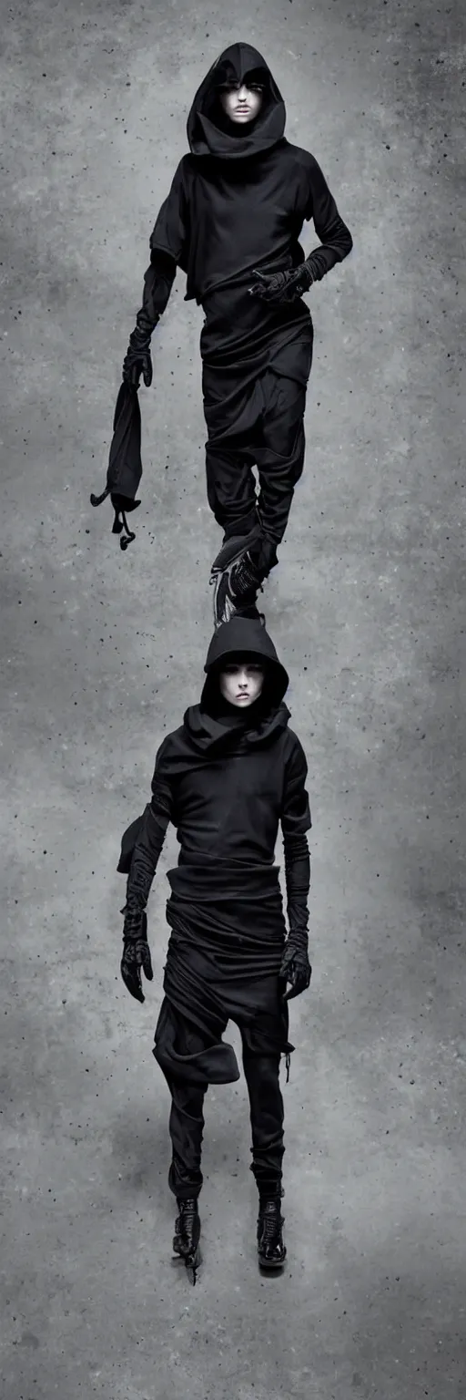 Prompt: beautiful androgynous avant garde techwear look and clothes, intricate, Rick Owens, Y3, trending on r/streetwear, fit pic, rule of thirds,