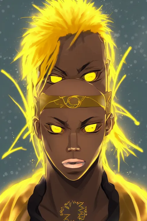 Image similar to glowing black male anime character, golden hair, yellow eyes, symmetrical, portrait, highly detailed, digital art, sharp focus, trending on art station, samurai, electricity superpowers, anime art style