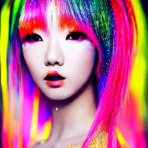 Image similar to japanese model with maximalist hair style and makeup, bright colors, fashion model, portrait shot, glitter, depth of field, 8 k, hyper detailed, intricate, trending on artstation