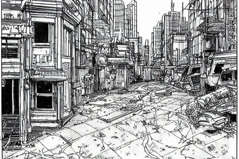 Image similar to a drawing of a post apocalyptic city street by Moebius