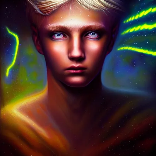 Image similar to powerful eyes glowing highly detailed painting of deep sadness alone, young blonde boy spiritual portrait, fractal electricity surrounding him, expressive emotional sadness piece, trending on art station, abstract emotional sadness expression, very very very beautiful, fantasy digital art, visionary art, magical fantasy 2 d concept art