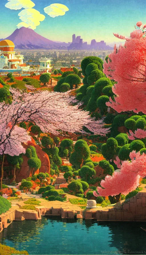 Image similar to ghibli illustrated background of strikingly beautiful west hollywood, california, with strange rock formations acastle is seen in the distance, and red water and cherry blossoms by vasily polenov, eugene von guerard, ivan shishkin, albert edelfelt, john singer sargent, albert bierstadt 4 k