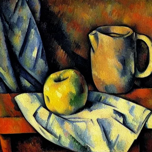 Image similar to Still life oil painting of an apple and a mug of coffee on a school desk, Paul Cezanne, 1895, award-winning, realistic, oil painting, dynamic lighting