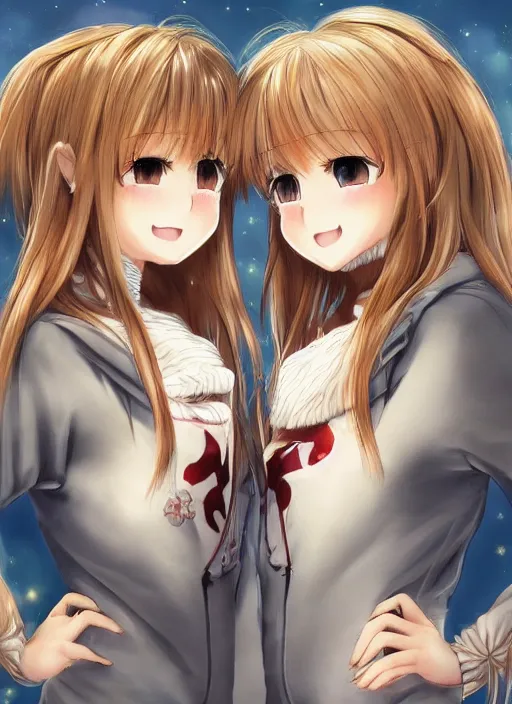 Image similar to highly detailed art of one blonde and one brown haired anime girl in onesies pressed against each other looking at us, detailed eyes, happy, excited, digital art, cute, anime, detailed faces, well drawn faces, cute faces, 8 k, trending on artstation, official media