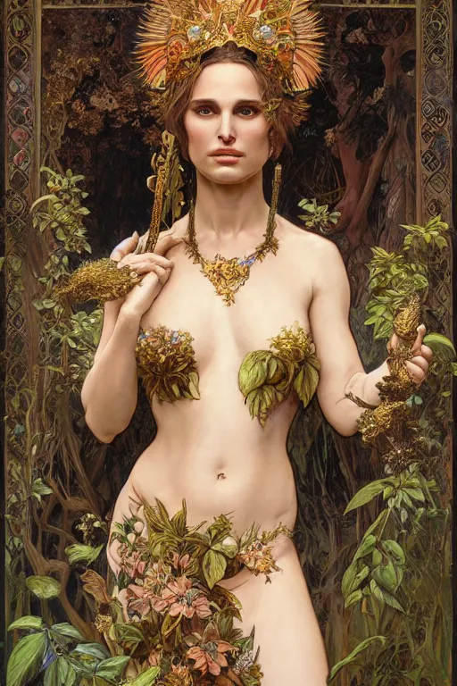 Image similar to natalie portman as queen of the jungle, full figure, painted by nekro, alphonse mucha, dark - fantasy, intricate detail, artstation, cgsociety, rococo, gold leaf art