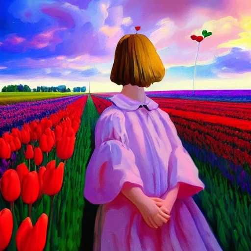 Image similar to dutch girl with singular giant tulip as a head, surreal photography, flower field, sunset dramatic light, impressionist painting, colorful clouds, blue sky, digital painting, artstation, simon stalenhag