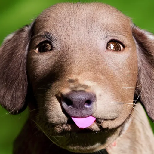 Prompt: light brown teacup tongue on nose, licking its nose