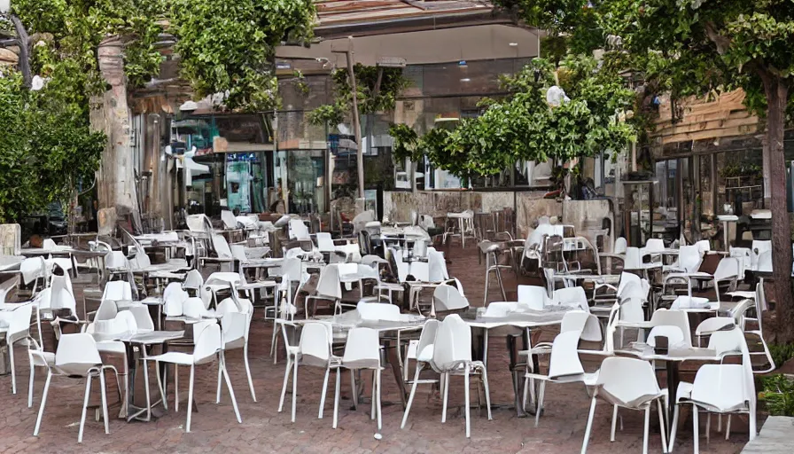 Image similar to a huge pile of chairs along outside the walls of the restaurant, hyperrealistic shaded