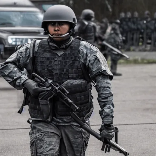 Image similar to A PMC in dark grey uniform with black body armor