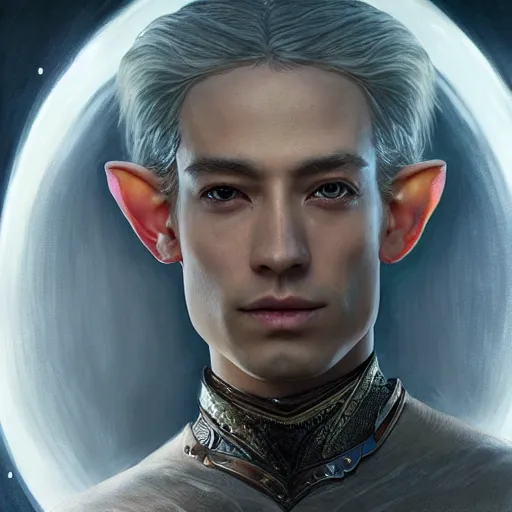 Image similar to in frame painting of an elven man with asian cat eyes with blond shiny moon hair, ultra realistic, concept art, intricate details, eerie, haunting, highly detailed, photorealistic, octane render, 8 k, unreal engine. art by artgerm and greg rutkowski and charlie bowater and magali villeneuve and alphonse mucha