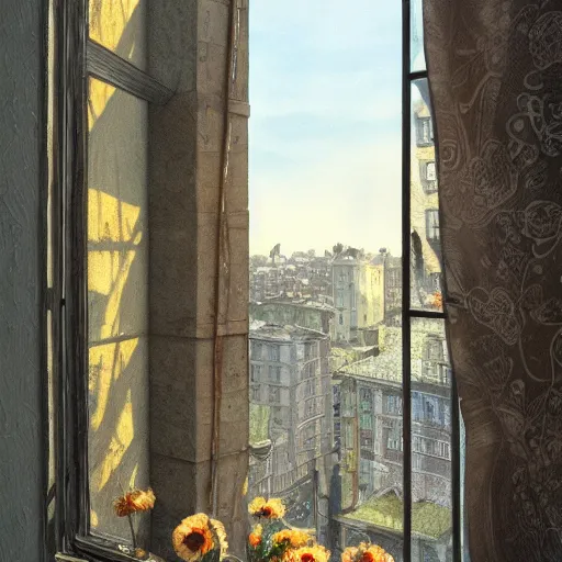 Prompt: the view from inside an apartment looking out a window into a busy street, by alan lee, sunset, windowsill has a big flowerpot, window glass reflecting, intricate, highly detailed terrain, digital painting, artstation, concept art, smooth, sharp focus, illustration, vfx