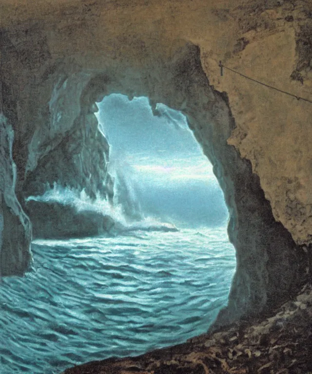 Prompt: photorealistic painting of a 1 9 2 5 seiner sailing near a short tropical cliff with the mouth of a sea cave at the waterline, dark, brooding, atmospheric, lovecraft, horror, smooth, epic, highly detailed, cinematic, by robert bateman