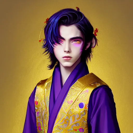 Image similar to colorful and festive captivating teenager boy with straight indigo hair, purple eyes with red eye markers, slim body, wearing a detailed japanese kimono with golden armor pieces. rich vivid colors, ambient lighting, dynamic lighting, 4 k, atmospheric lighting, painted, intricate, highly detailed by charlie bowater