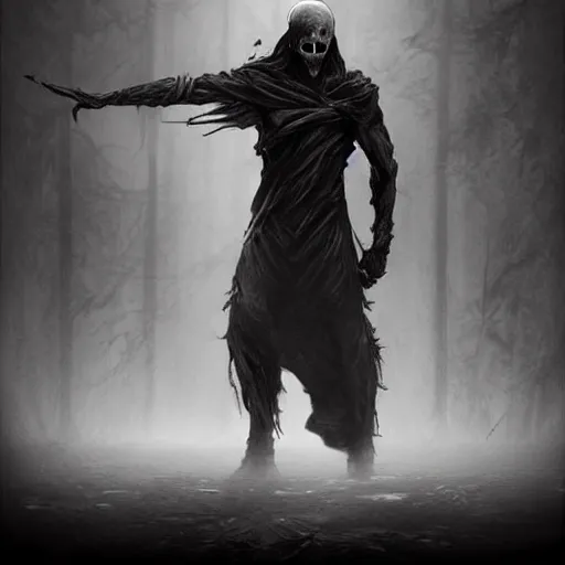 Image similar to wraith, undead, dynamic pose, skull, terrifying, dark, fog, artstation