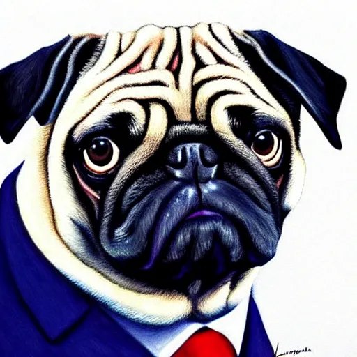 Image similar to a pug president of the usa. formal. amazing painting. beautiful. high resolution. highly realistic. close - up.