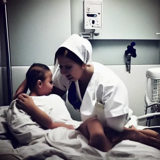 Prompt: “ sensual zonbie nurse treating childs in a hospital, artwork ”