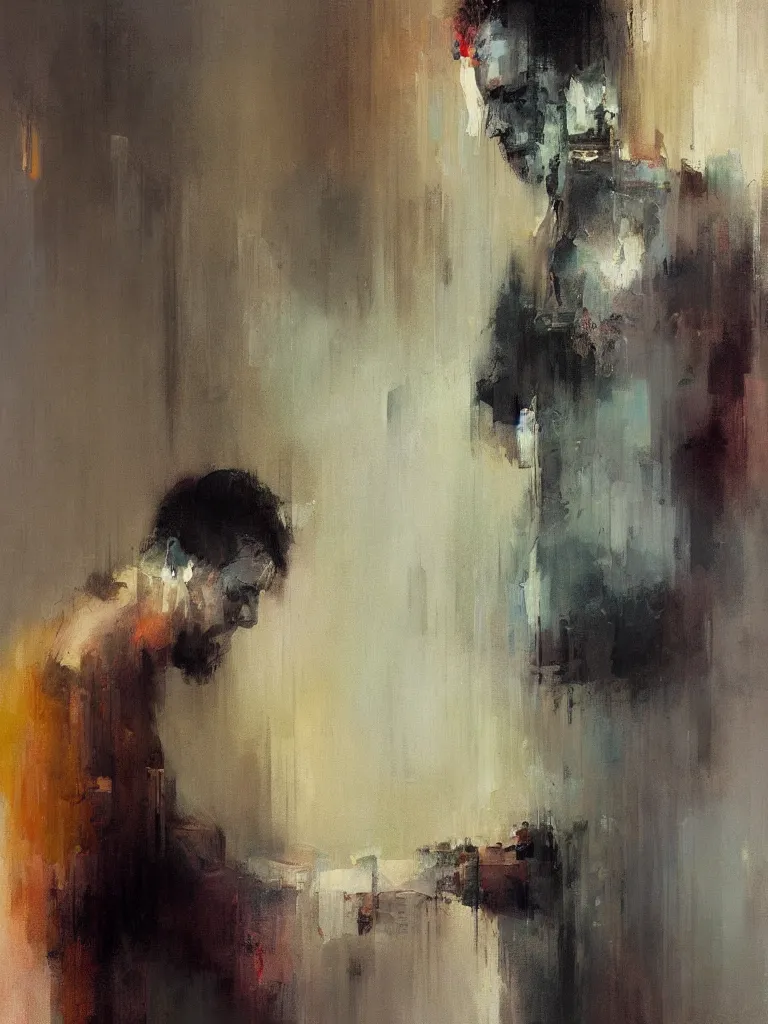 Image similar to a beautiful glitched oil painting by alpay efe and christian hook of a man looking at his phone in a bathroom, color bleeding, brushstrokes by jeremy mann, cold top lighting