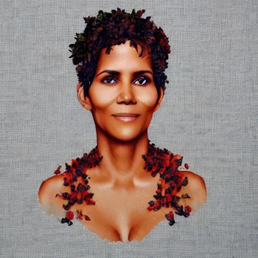 Image similar to a portrait made out of wild forrest berries of halle berry