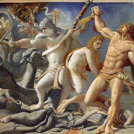 Image similar to The painting depicts the mythical hero Hercules in the moments after he has completed one of his twelve labors, the killing of the Hydra. Hercules is shown standing over the dead Hydra, his body covered in blood and his right hand still clutching the sword that slew the beast. His face is expressionless, betraying neither the exhaustion nor the triumph that must surely accompany such a feat. 1910s, dark orange by Émile Bernard, by John Singer Sargent random