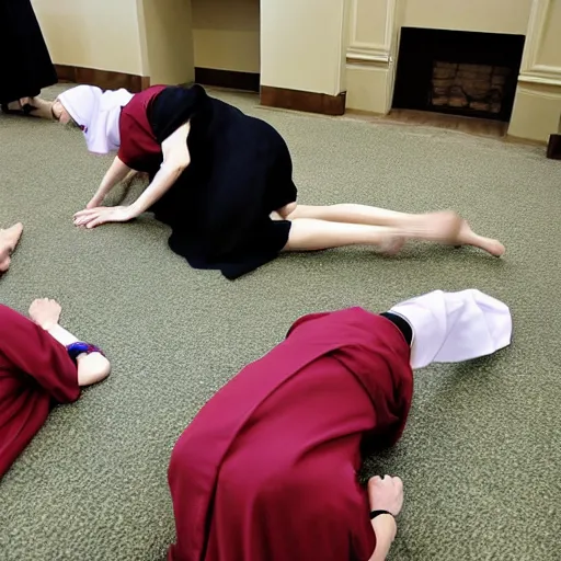 Prompt: award winning photo of nuns playing twister in a sanctuary —width 1024 —height 1024