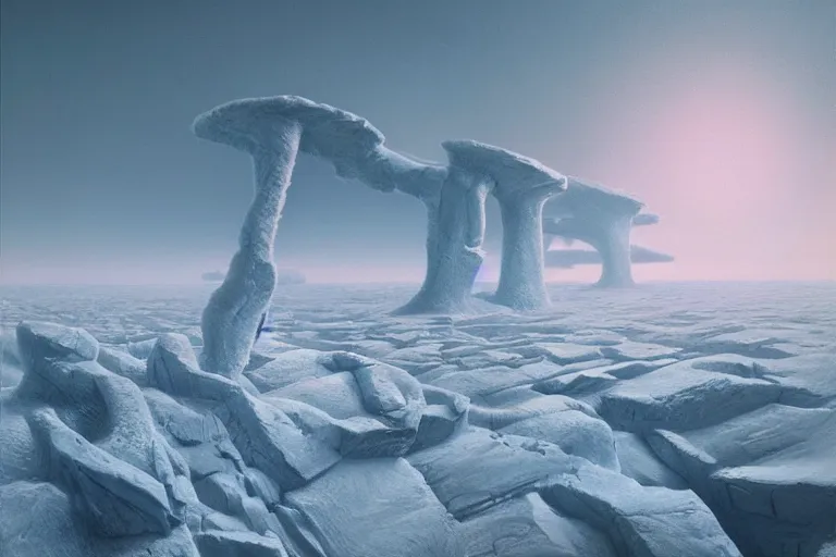 Image similar to surreal frozen landscape, painting by beeple and zdzisław beksinski, a matte painting by li shida, cgsociety, context art, redshift, matte painting, reimagined by industrial light and magic