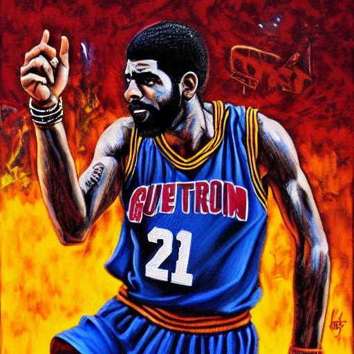 Image similar to guerrillero heroico, kyrie irving, oil on canvas by jim fitzpatrick and william sidney mount, digital art, trending on artstation