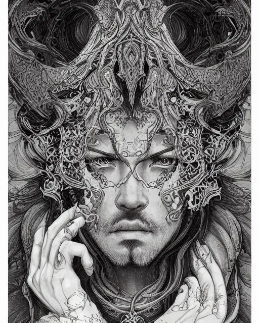 Image similar to portrait of a man, baroque style, elegant, beautiful, mesmerizing, concept art, intricate linework, detailed and intricate environment, artstation, inspired by monstress, sana takeda