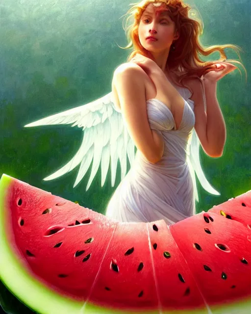 Prompt: an angel living inside a giant watermelon, watermelon house, posing, highly detailed, digital painting, artstation, concept art, smooth, sharp focus, illustration, art by artgerm and greg rutkowski and alphonse mucha