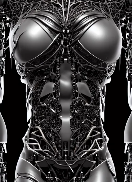 Image similar to organic cyborg full frontal torso close-up, Symmetrical! vivid blackest black satin plastic, diffuse lighting, fantasy, intricate, elegant, highly detailed, lifelike, photorealistic, digital painting, artstation, illustration, concept art, smooth, sharp focus, art by John Collier and Albert Aublet and Krenz Cushart and Artem Demura and Alphonse Mucha