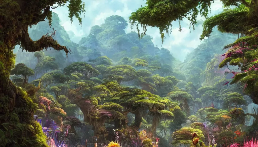 Image similar to craig mullins and studio ghibli illustration of the beastlands, avatar ( 2 0 0 9 ), lush landscape, jungle landscape, flowers, unreal engine, hyper realism, realistic shading, cinematic composition, realistic render, octane render, detailed textures, photorealistic, wide shot