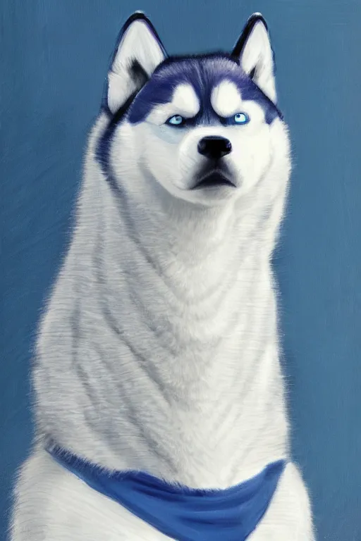 Prompt: a character design of a husky athlete in blue vest, portrait painting, anime, humanoid, anthropomorphic, personify, furry