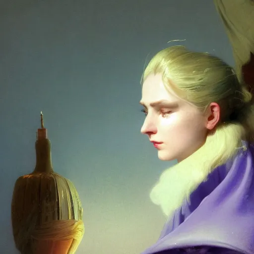 Image similar to a young woman's face, her hair is white and she wears an indigo purple satin cloak, by ivan aivazovsky and syd mead and moebius and gaston bussiere and roger dean and pieter claesz and paul delaroche and alma tadema and aelbert cuyp and willem claesz, hyperrealistic, volumetric light, octane render