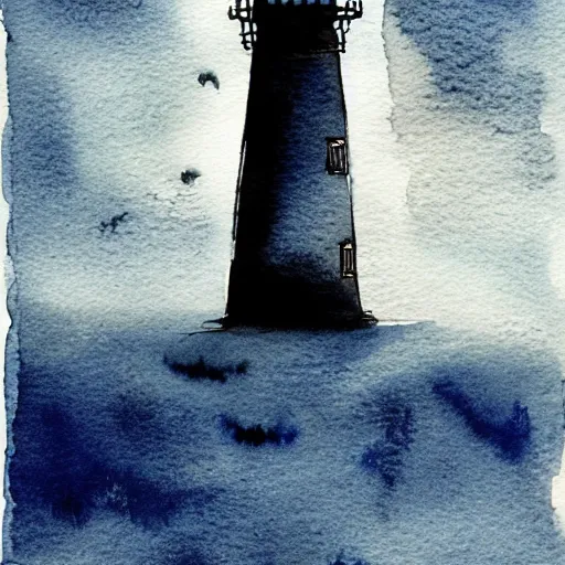 Prompt: beautiful watercolor and ink lighthouse on cloudy winter storm night, artstation, mystical