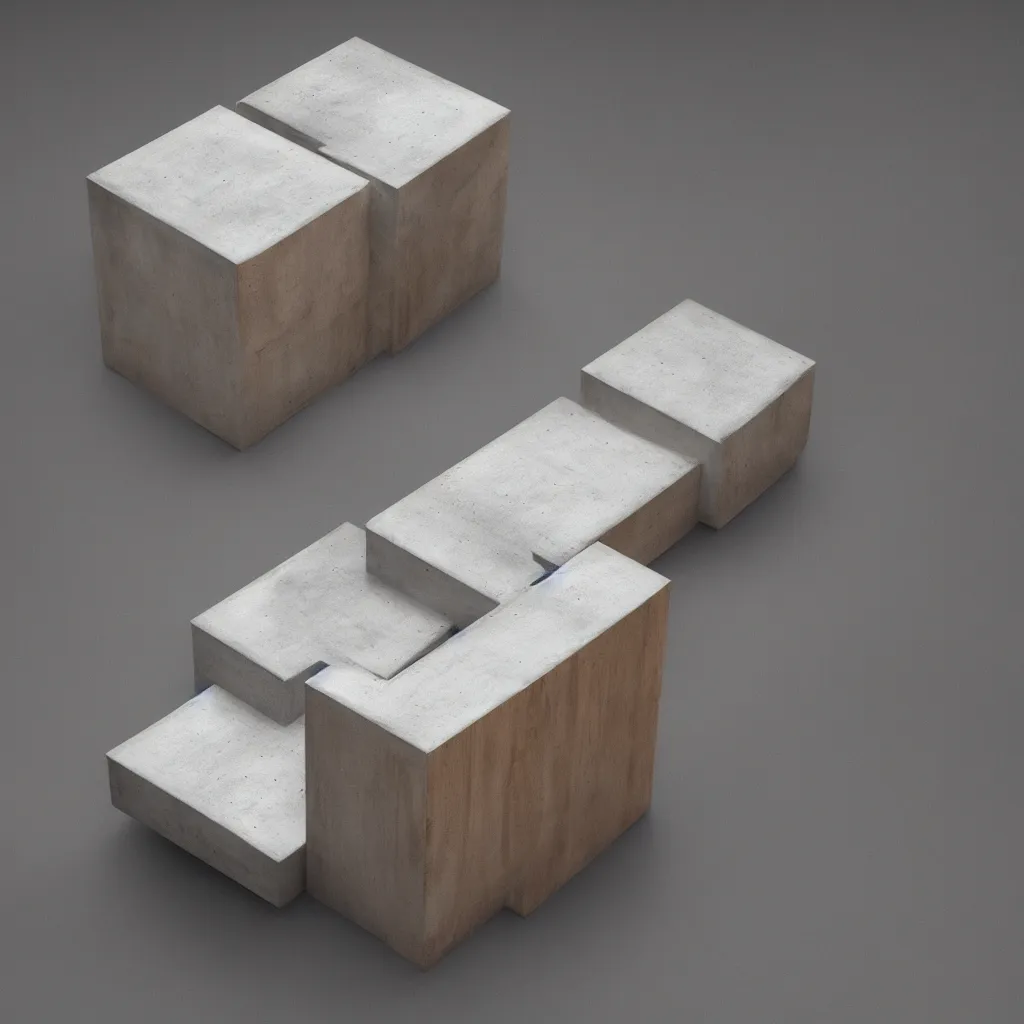 Image similar to high tech concrete bench cube, natural wood, minimal, dramatic lighting and composition, trending on artstation, concept art