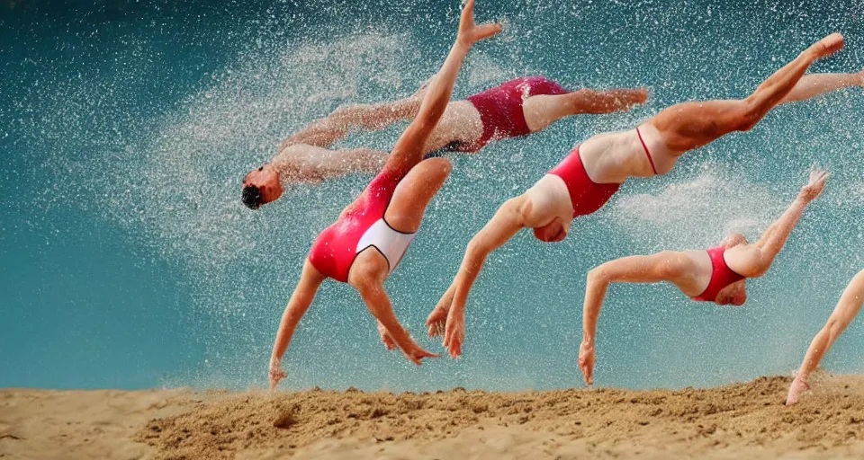 Image similar to olympic swimming in sand instead of water, extremely coherent, motion blur